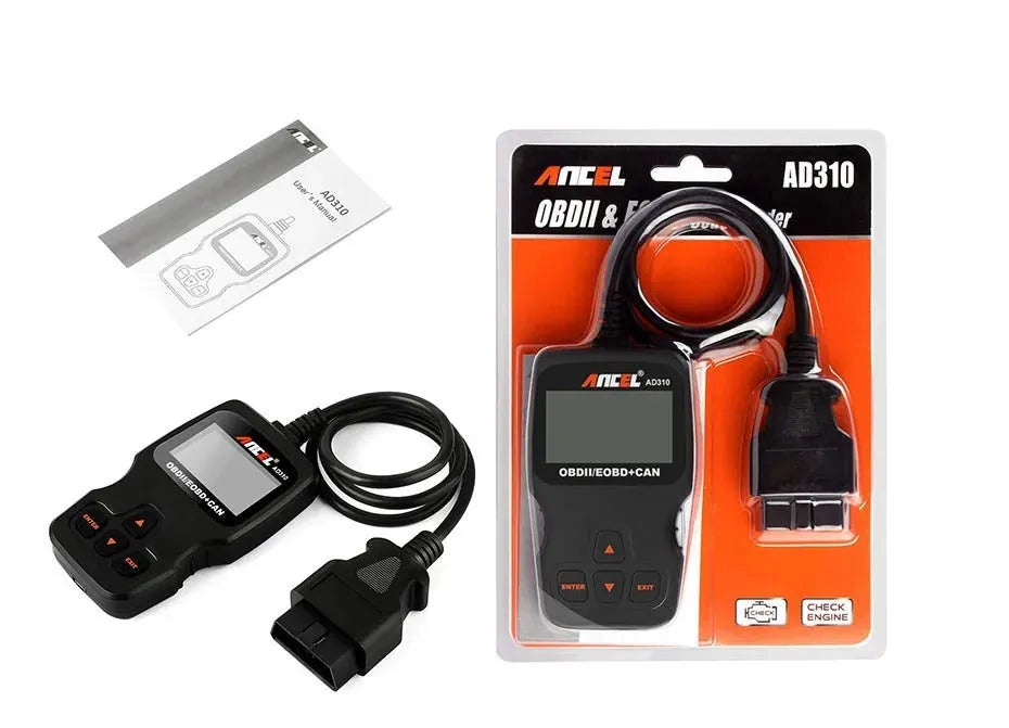 Black universal OBD2 car diagnostic scanner with LCD display for engine fault detection