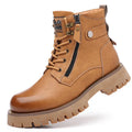 Men's brown leather high-top boots with side zipper and round toe design