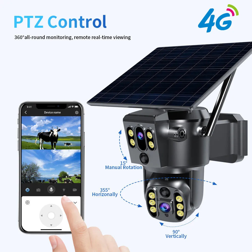 Solar-powered outdoor security camera with dual lenses and wall mount bracket