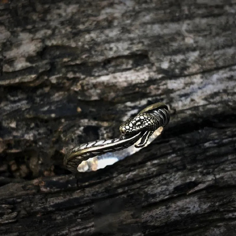 Thai silver handmade Ouroboros adjustable unisex couple ring with geometric snake design