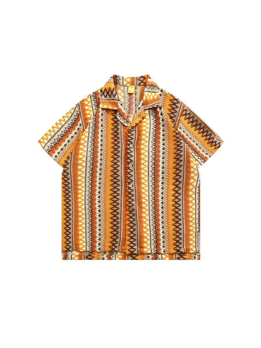 Ethnic woven Cuban collar shirt with contrast colours and short drop-shoulder sleeves.