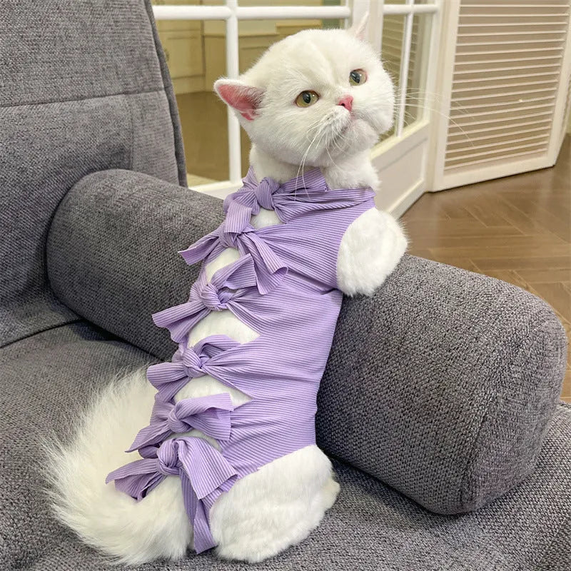 Lace-up polyester cat sterilisation clothing shown in blue, with size and colour options displayed.