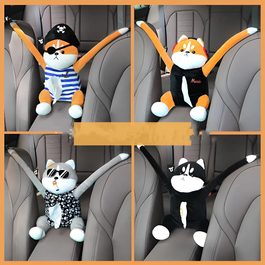 Plush multifunctional tissue box in cool dog design, available in four colours for car and home interior decoration.