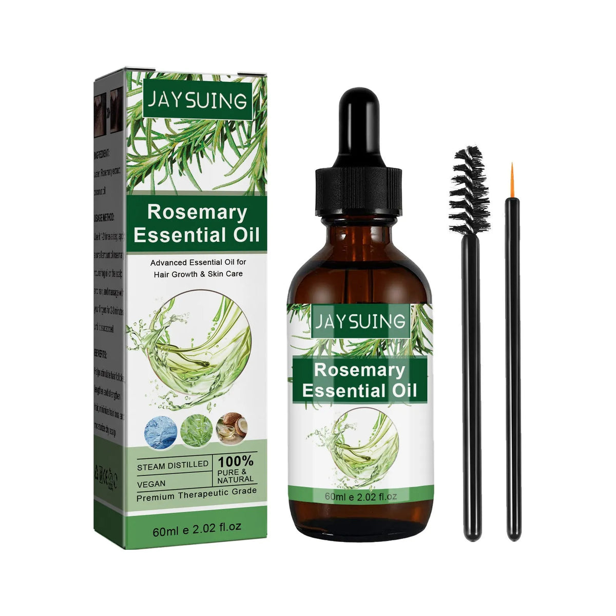 60ml rosemary essential oil with jojoba and coconut for hair nourishment, includes two brushes
