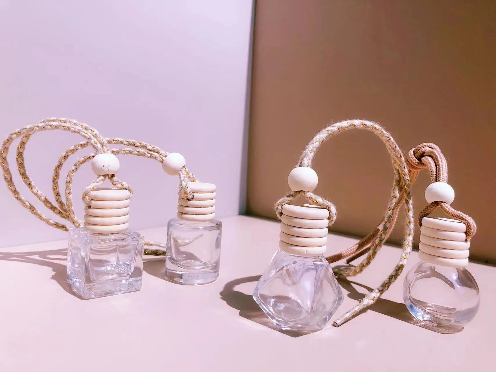 Car perfume pendant fragrance with glass bottle in cylinder, diamond, flat drum and square shape options