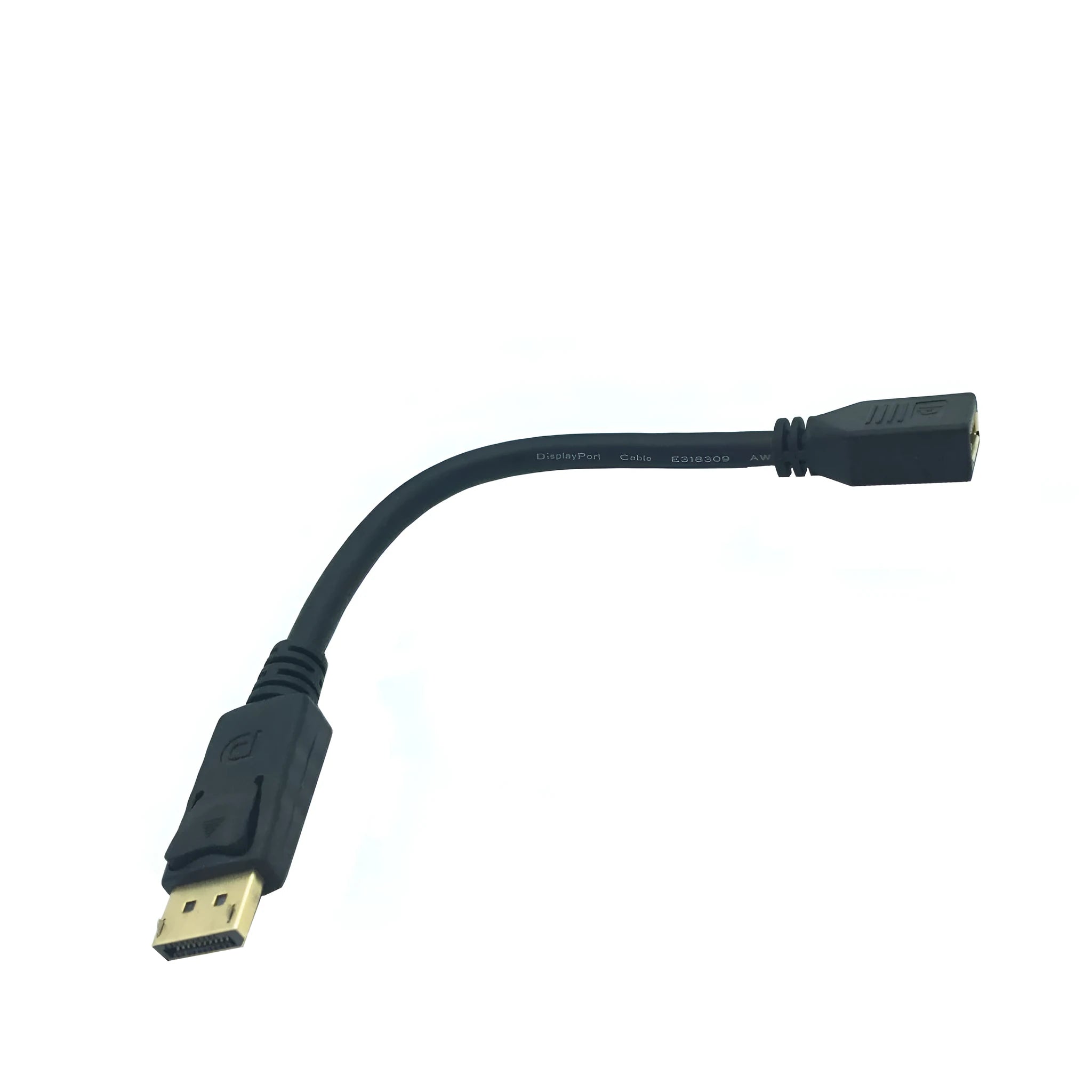 Black DP male to female extension cable 0.3 metres with standard connectors