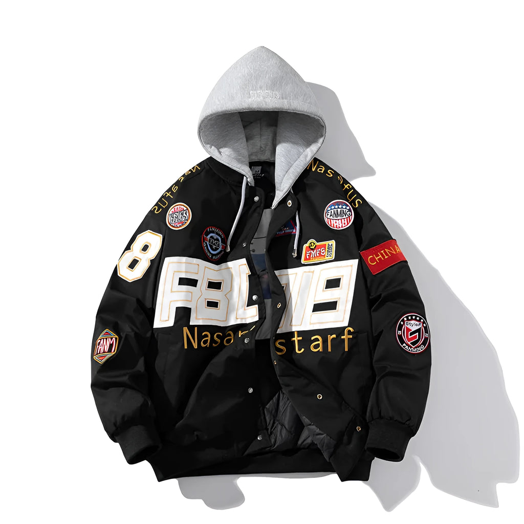 Black motorcycle couple baseball jacket with detachable hood and side seam pockets