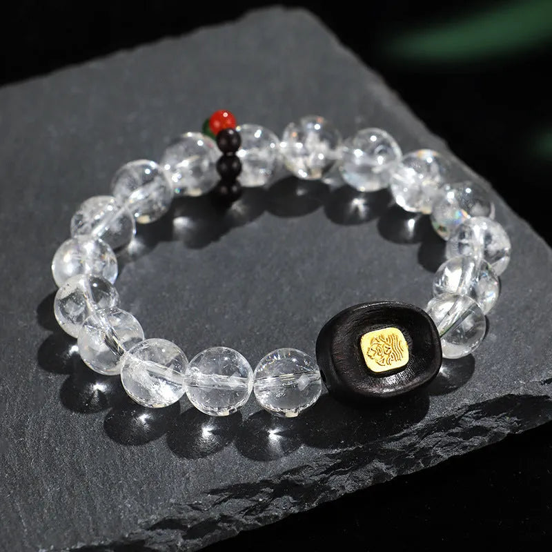 White crystal ebony wooden bracelet with five-warp braiding ethnic design