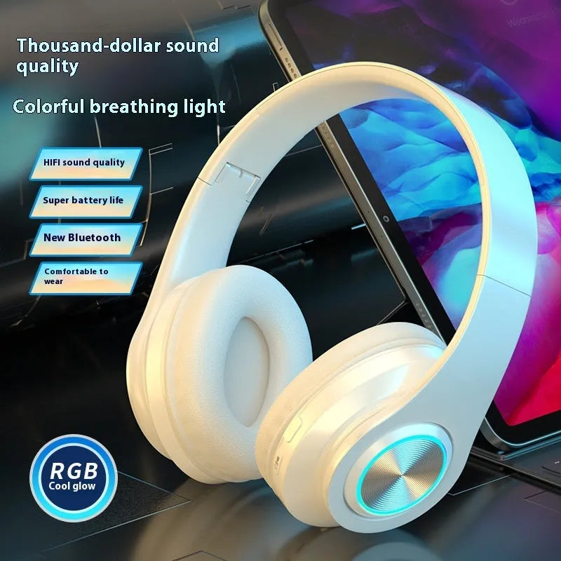 Black wireless Bluetooth gaming headset with head-mounted design and microphone.
