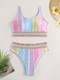 Women's striped sports bikini set with spandex lining, shown in picture colour.