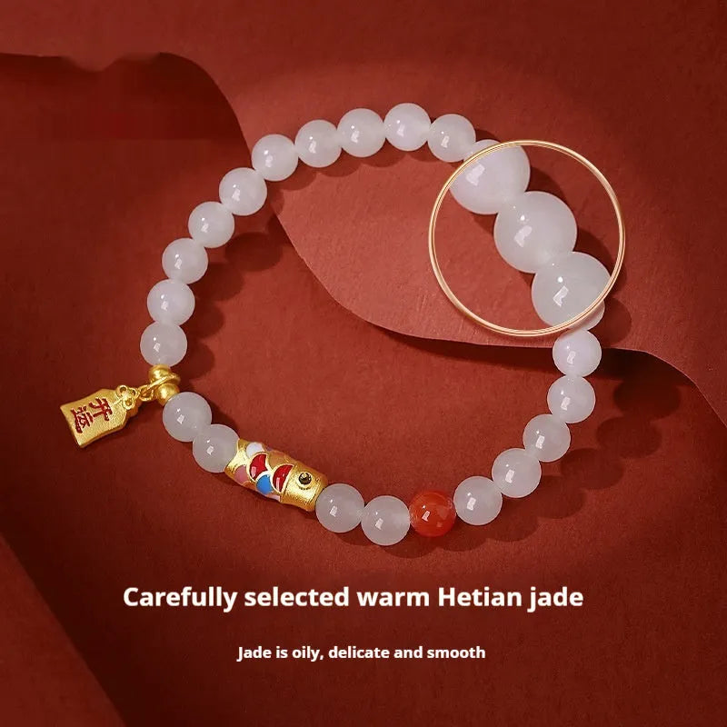 Women's S925 sterling silver koi Hetian jade bracelet with cold enamel craftsmanship