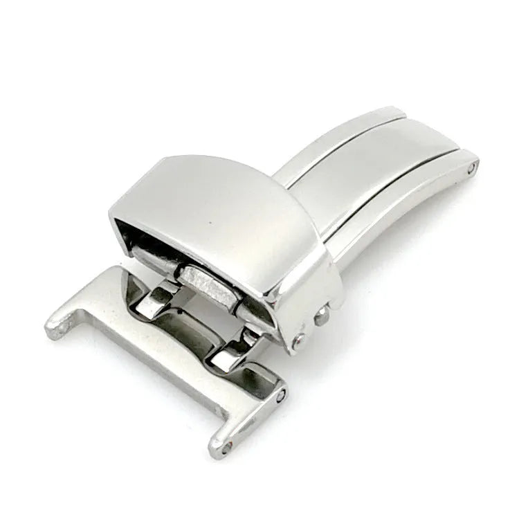 Silver stainless steel single-side folding watch buckle clasp on a white background