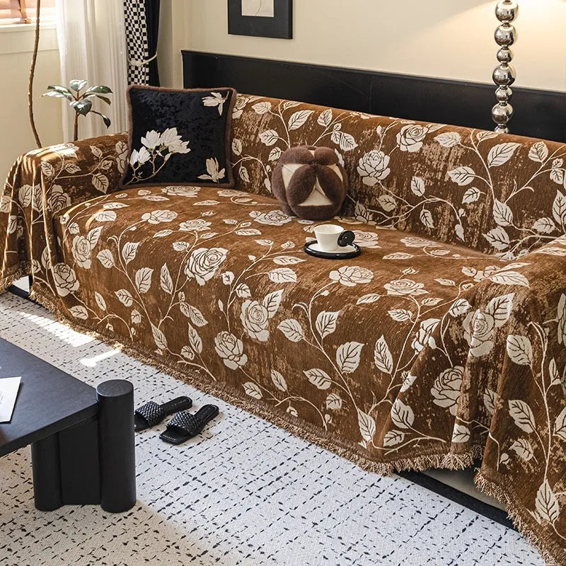 Chenille sofa cover with retro floral pattern in Beige, 180cm wide, draped over a sofa