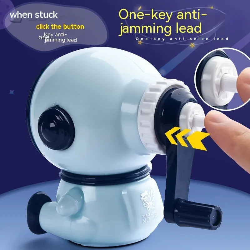 Blue astronaut cartoon manual pencil sharpener for children on a white background
