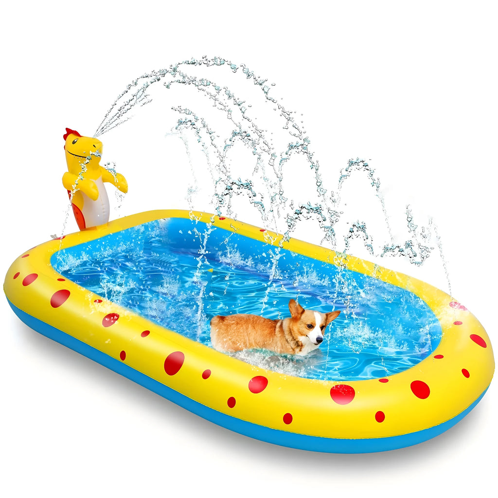 Blue dinosaur-shaped inflatable water spray pool with four spray holes in a garden setting
