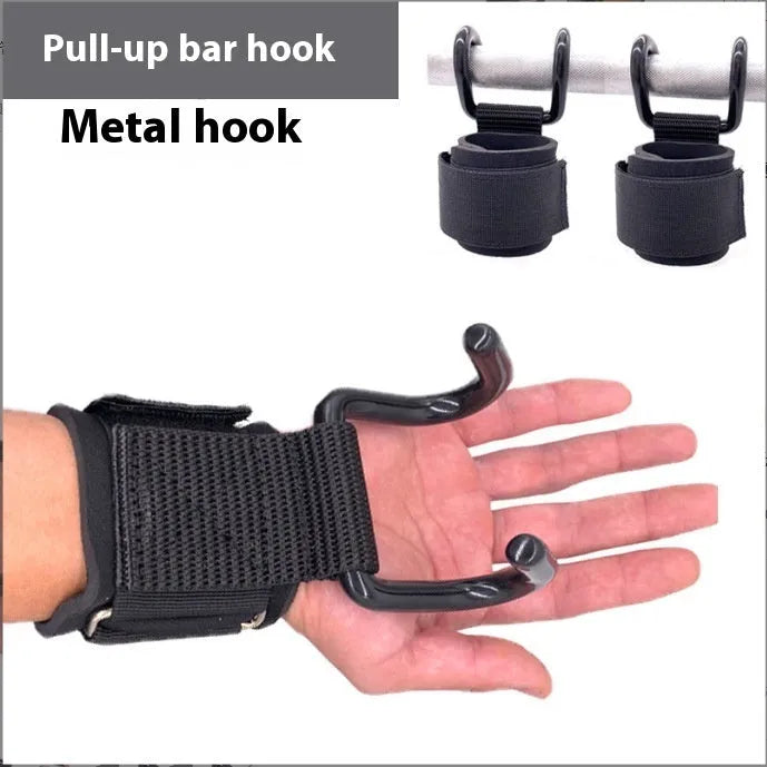 Pull-up grip hook with coated steel hook and rubber nylon buckle, 37.5cm by 8cm, for pull-ups and back training