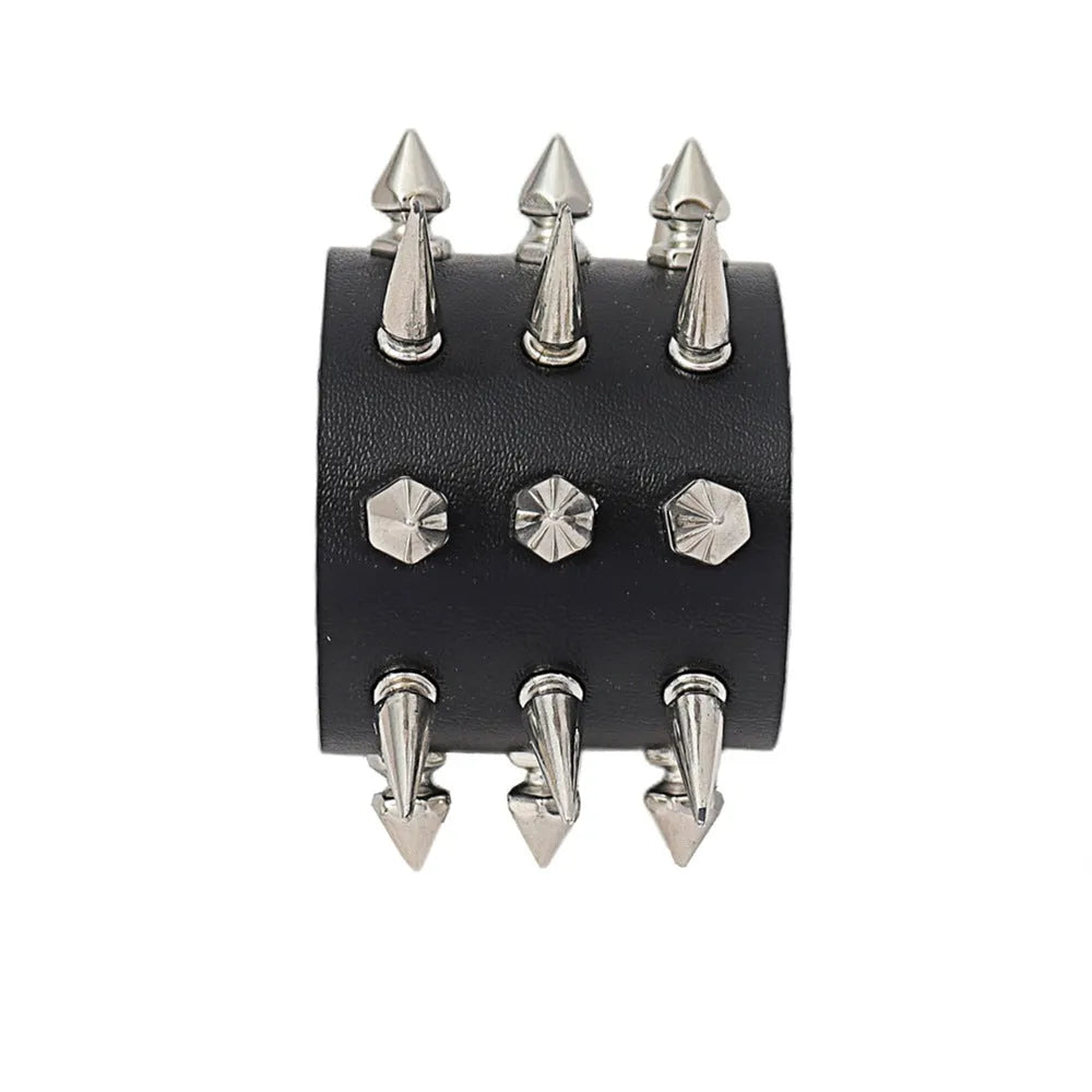 Black punk style rivet PU leather bracelet on surface, geometric tapered shape, unisex design