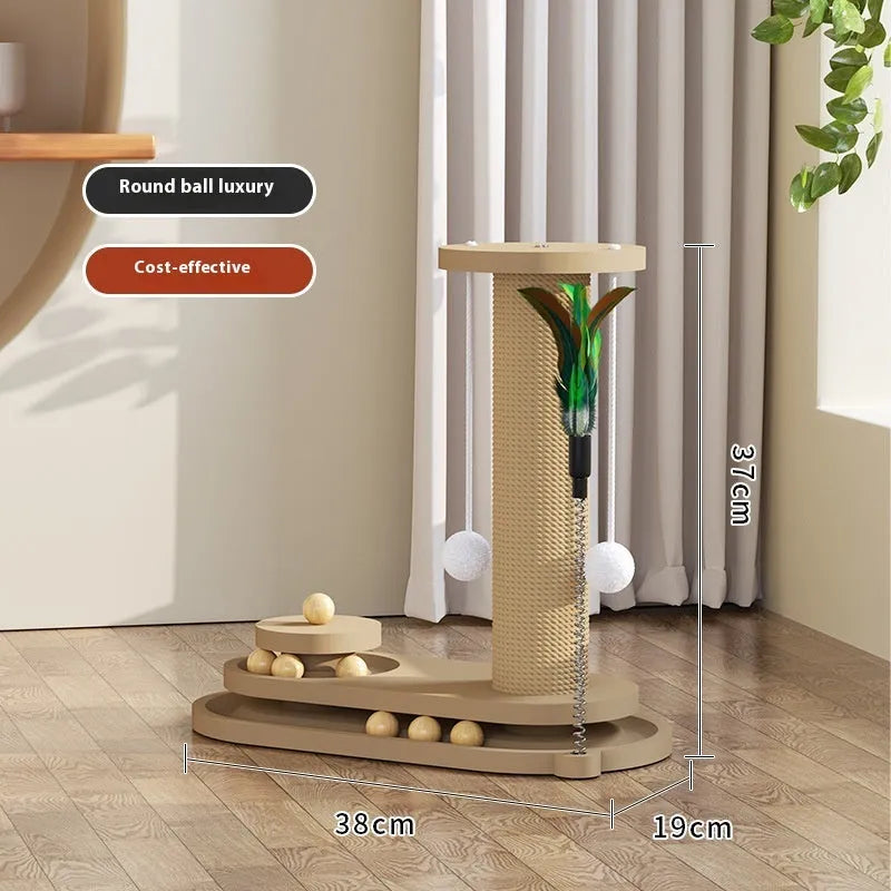 Solid wood cat scratching post with turntable climbing platform in various style configurations