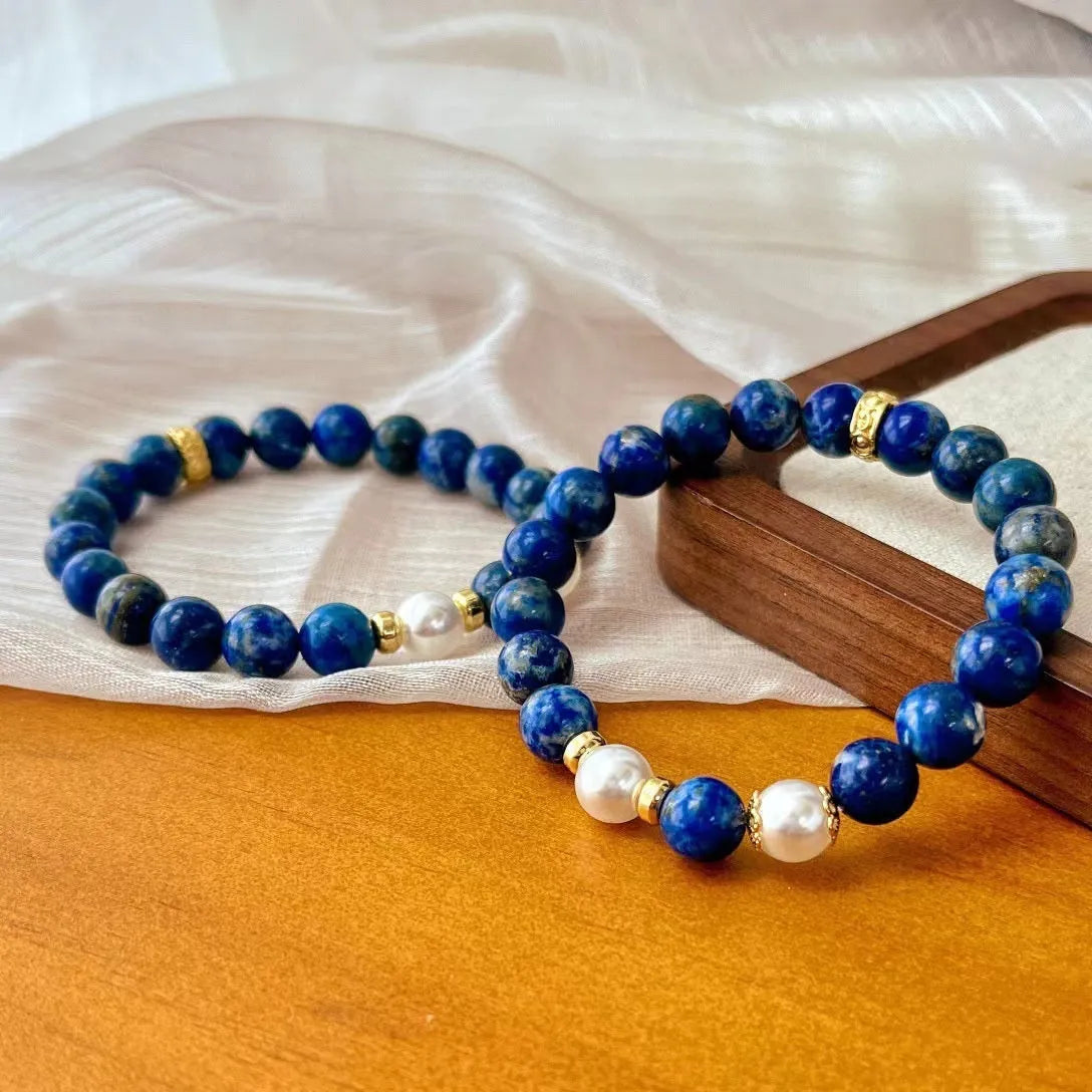 Chinese style retro lapis lazuli bracelet with natural green colour and gold stone decorative details