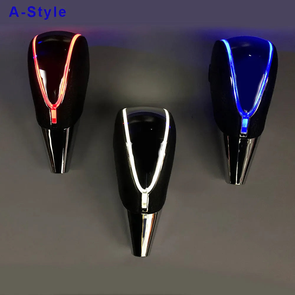 Car shift lever modification accessory with LED light head in edge light style showing blue illumination