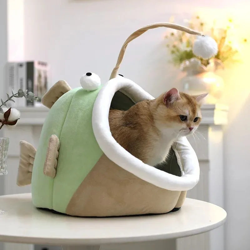 Grey deerskin velvet cat house bed with semi-closed design and removable cushion shown in lantern fish shape
