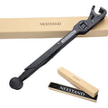 Black folding portable laptop stand with reinforced nylon construction showing 35.4cm width dimensions