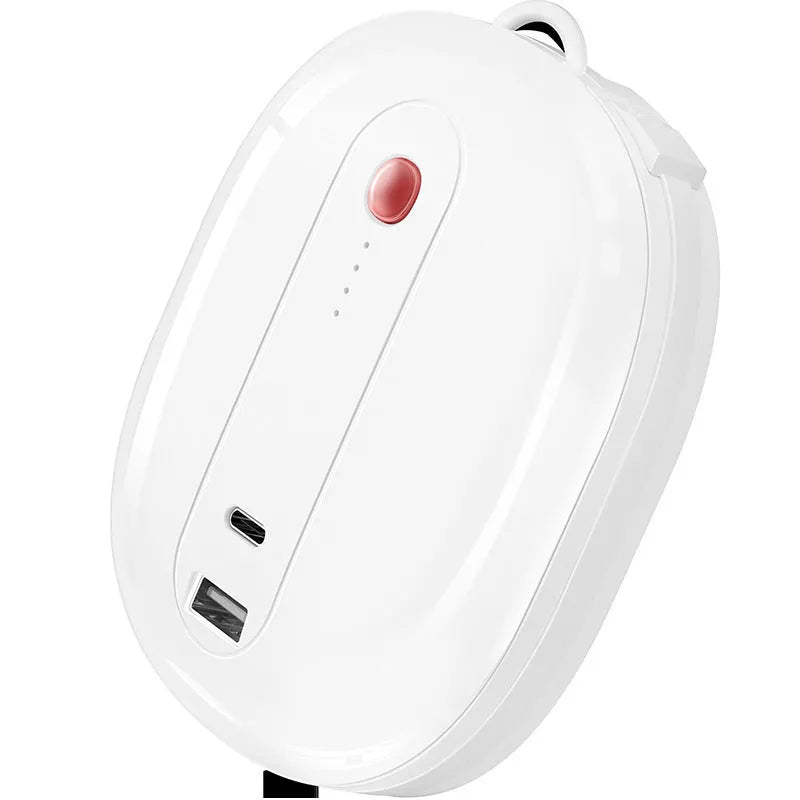 White and black 10000mAh power bank with built-in plug showing aluminium shell construction