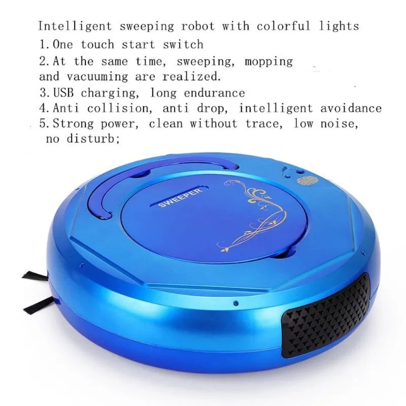 Lazy Smart floor sweeping robot vacuum cleaner in black, blue, white, blue light or white light