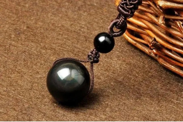 Natural obsidian rainbow eye transfer bead pendant necklace on polyester rope chain, 46cm length
