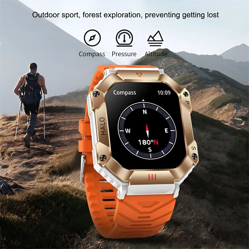 Android GPS smart watch with Bluetooth call on wrist, showing resin dial and titanium alloy case with optional leather strap.