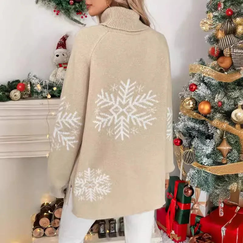 Women's high collar jacquard knit pullover sweater with plants and flowers pattern, medium length 65cm