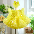 Yellow girls princess costume dress with short sleeves, suitable for heights 80 to 160cm, chemical fibre blend