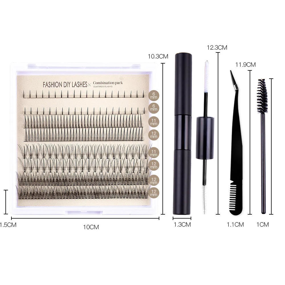 False eyelash glue kit with single-cluster lashes, pink and black adhesive, tweezers and brush tools