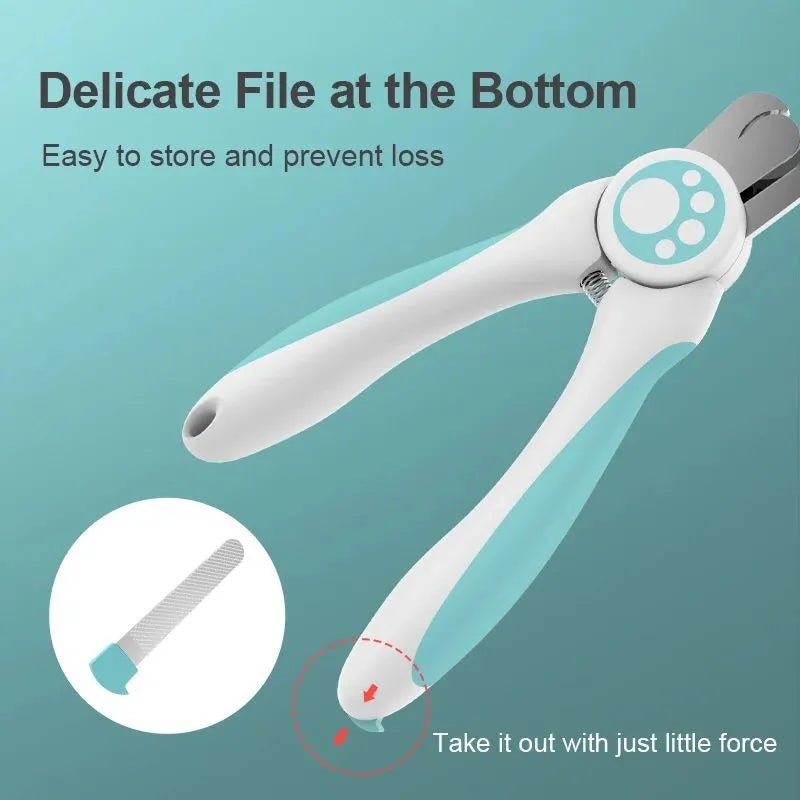 Blue and white pet nail clippers with stainless steel blade and safety stop for dogs and cats