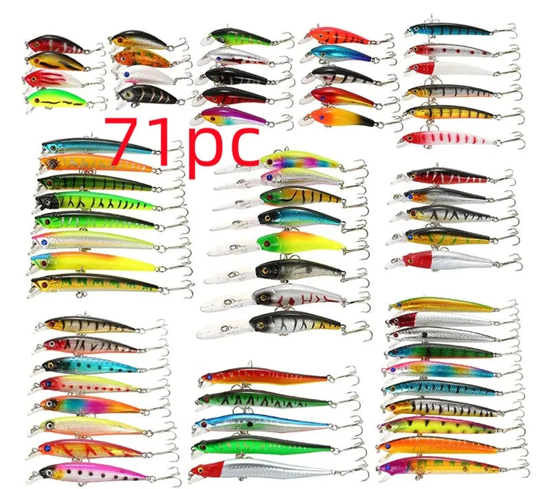 43-piece portable fishing gear set with plastic bait lures in green, blue black, and silver colours including 20cm baits