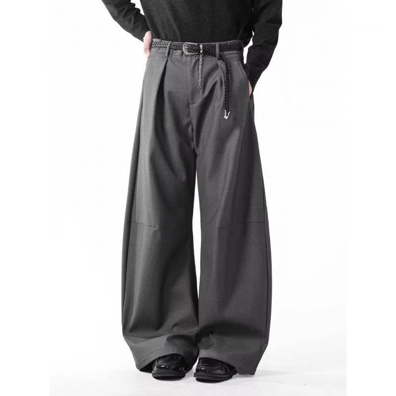 Men's loose casual wide leg pants in black, high waist, cotton blend fabric