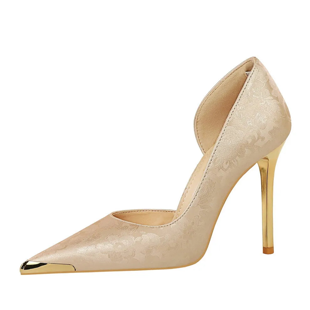 Satin pointed toe stiletto high heels 6-8cm with shallow middle-mouth cut, rubber sole, in Black, Champagne, Green, or Silver