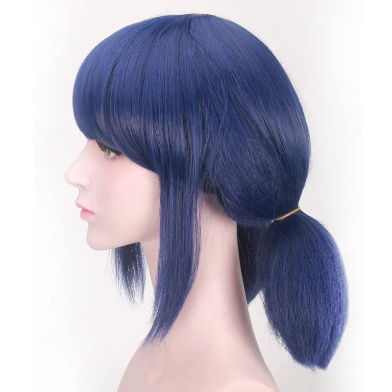 Ladybug Ladybug mixed blue cosplay wig with 35cm high temperature wire and adjustable inner net on mannequin