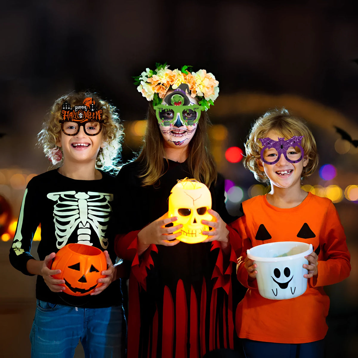 Halloween paper glasses in three styles, used as scene decoration and photo props