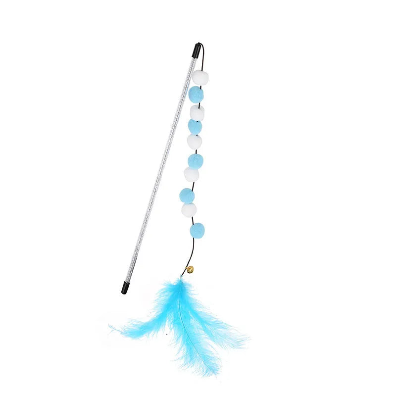 31cm cat teaser rod with bell and coloured pompon feather toys for interactive play