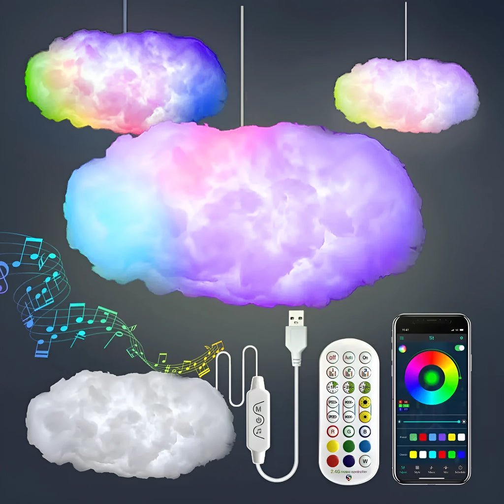 White fabric cloud shaped ambient light with colourful LED lighting, hanging from ceiling with USB cable.