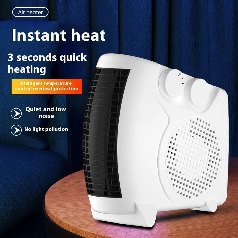Small white compact electric heater for desk use with dimensions 290mm by 224mm by 160mm.