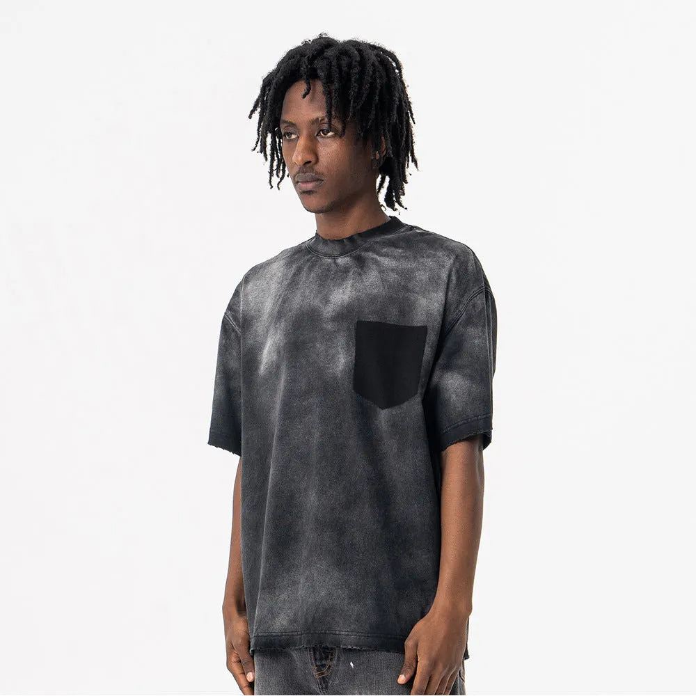 Black men's loose fit cotton T-shirt with printed letter pattern and drop-shoulder short sleeves