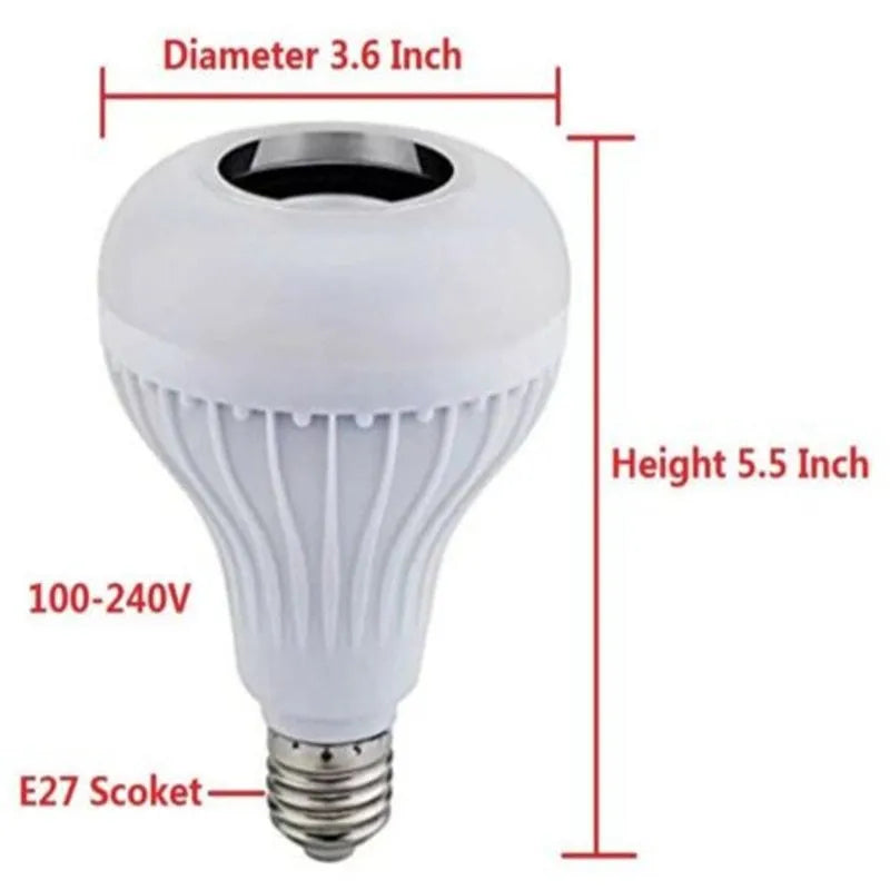 White E27 smart LED bulb with built-in Bluetooth speaker and remote control for colour-changing light.