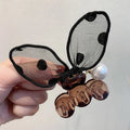 Polka dot lace rabbit ears hair clip with pearl hairpin in four colours: coffee, grey, red, yellow