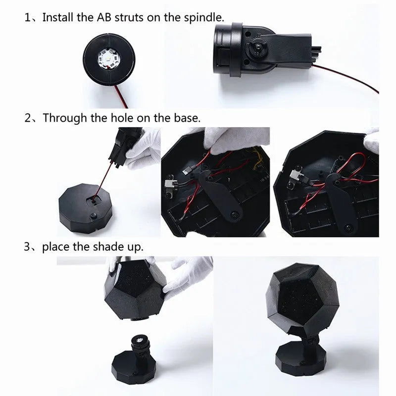 Plastic LED star projector lamp projecting blue constellations on a wall.