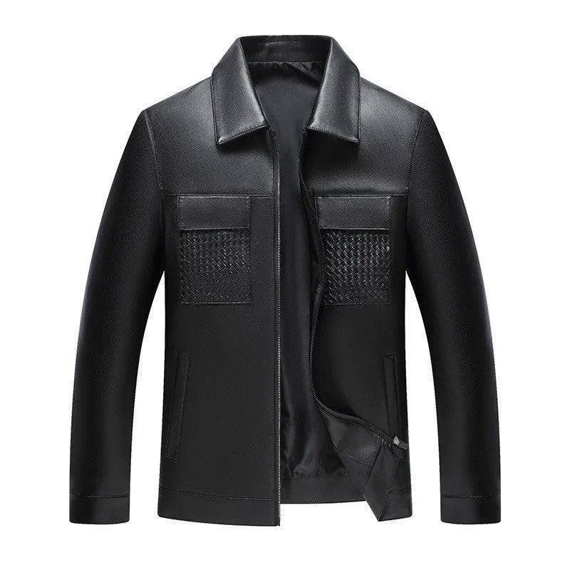 Black turn-down collar PU leather jacket with straight hem and patch pockets for men