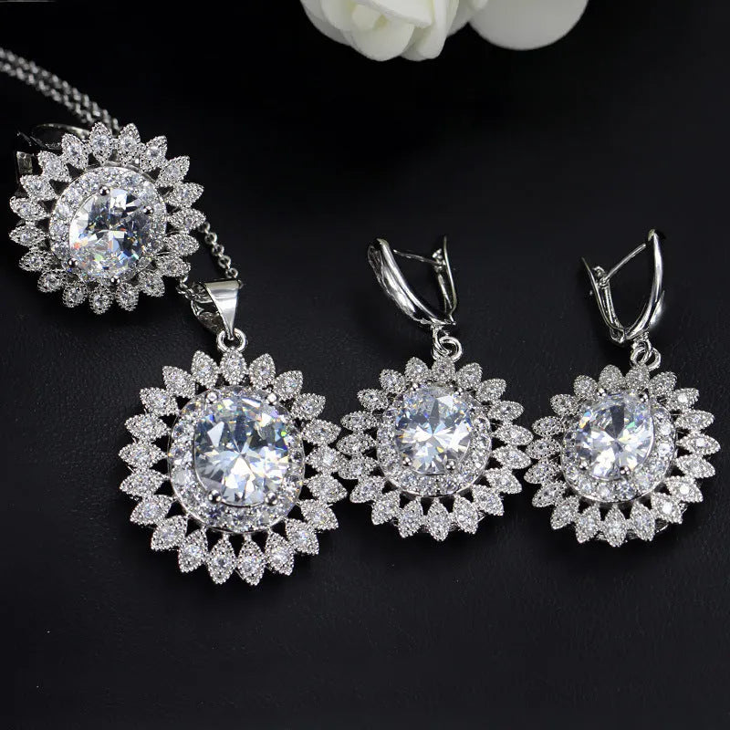 Sunflower zircon jewellery set with white gold plated ball bead necklace, ring and earrings, eight colours