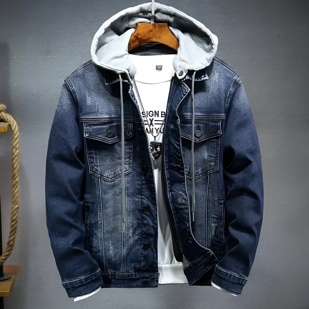 Men's thick denim hooded jacket with lapel collar in black, slim fit cotton winter coat