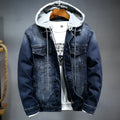 Men's thick denim hooded jacket with lapel collar in black, slim fit cotton winter coat